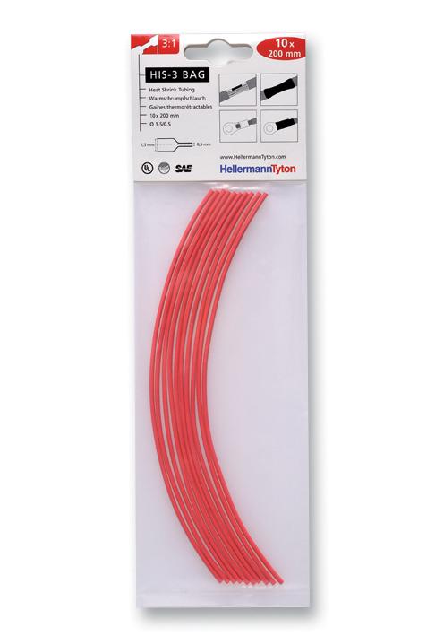 308-30160 HEATSHRINK, 3:1, 1.5MM, RED, PK10 HELLERMANNTYTON