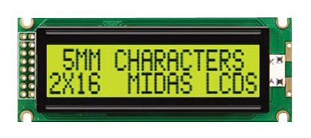 MC21605J6W-SPTLY-V2 DISPLAY, ALPHANUMERIC, 16X2, YELLOW/GRN MIDAS