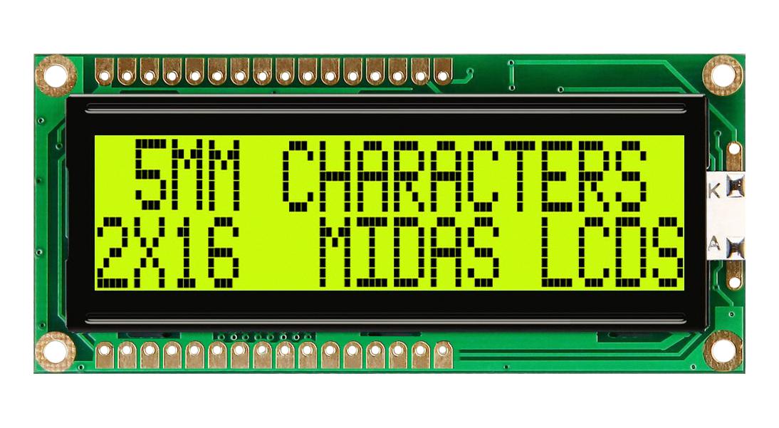 MC21605G6WK-SPTLY-V2 DISPLAY, ALPHANUMERIC, 16X2, YELLOW/GRN MIDAS