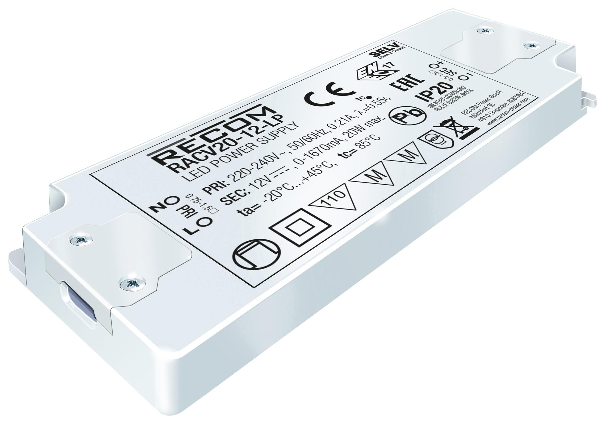 RACV20-24-LP LED DRIVER, SINGLE O/P, CV MODE, 20W RECOM POWER