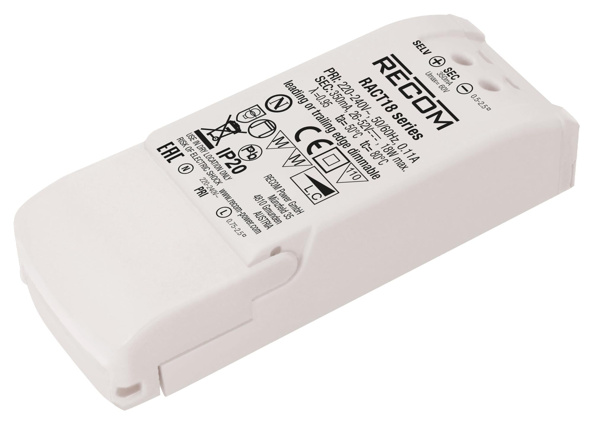 RACT18-1050 LED DRIVER, SINGLE O/P, CC MODE, 18W RECOM POWER