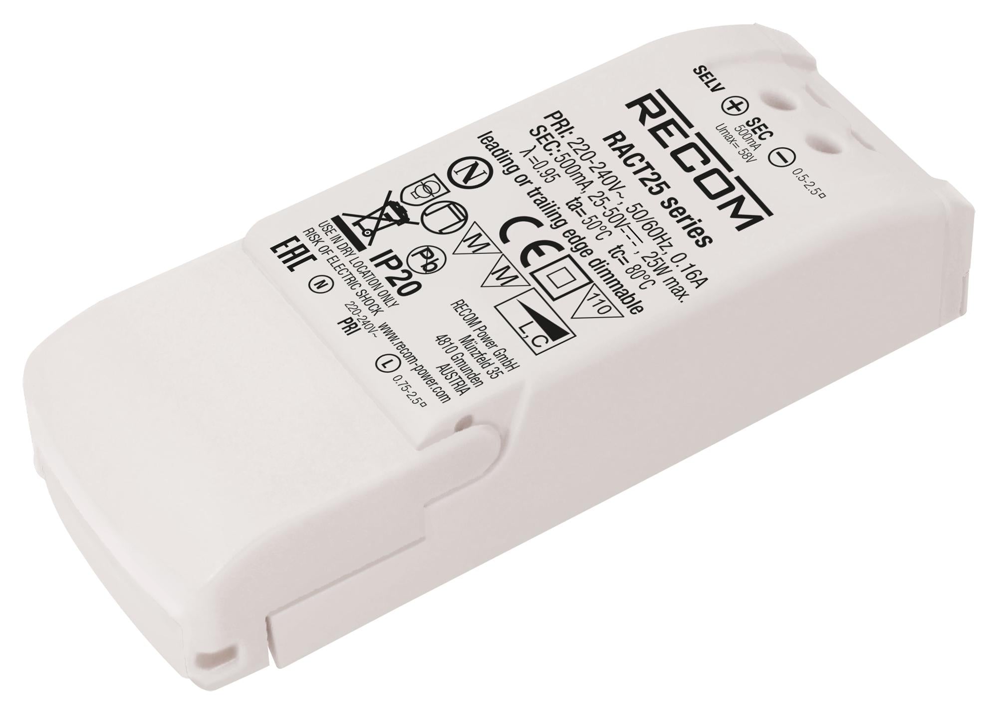 RACT25-700 LED DRIVER, SINGLE O/P, CC MODE, 25W RECOM POWER
