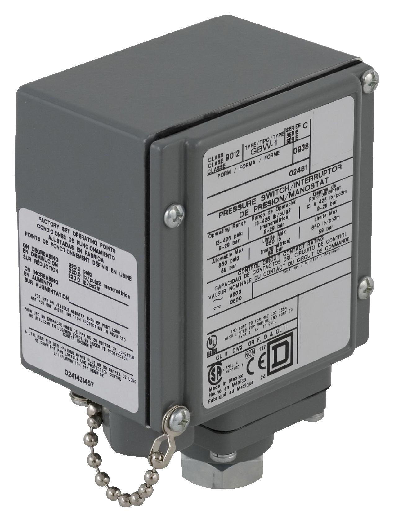 9012GBW2 PRESSURE SWITCH, SPDT, 675PSI, 125V SCHNEIDER ELECTRIC