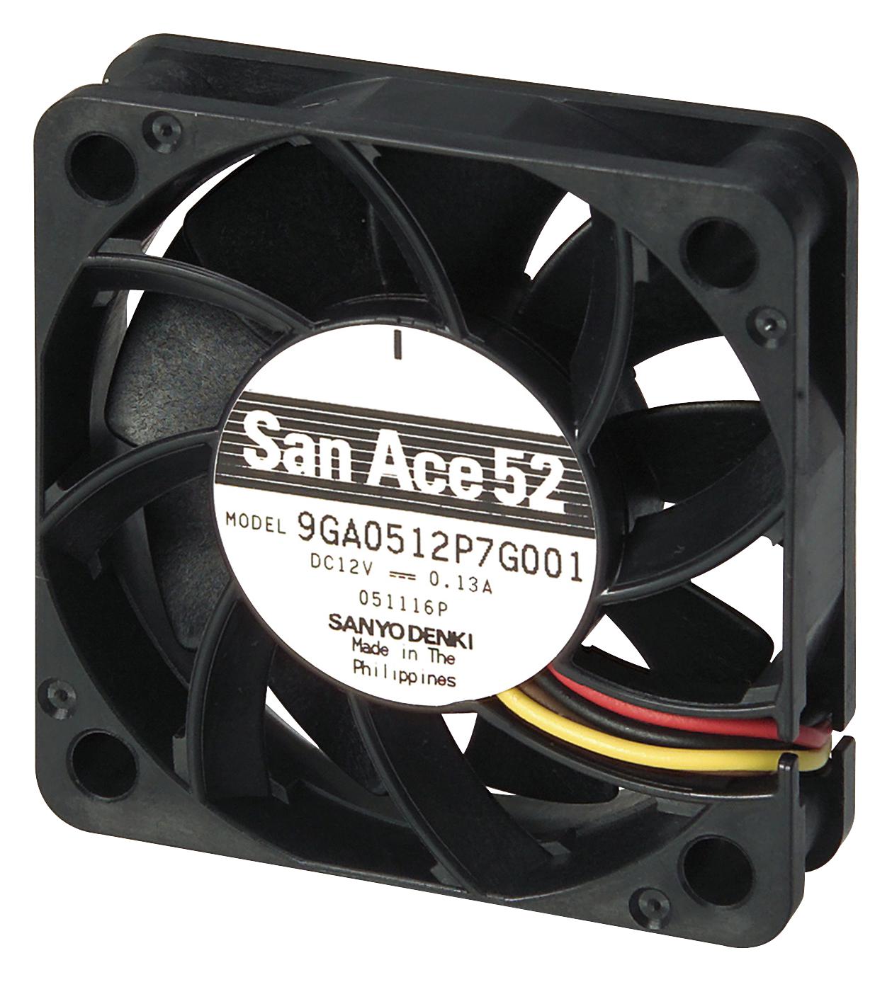 9GA0512P7G001 DC AXIAL FAN, 17.7CU.FT/MIN, BALL, 52MM SANYO DENKI