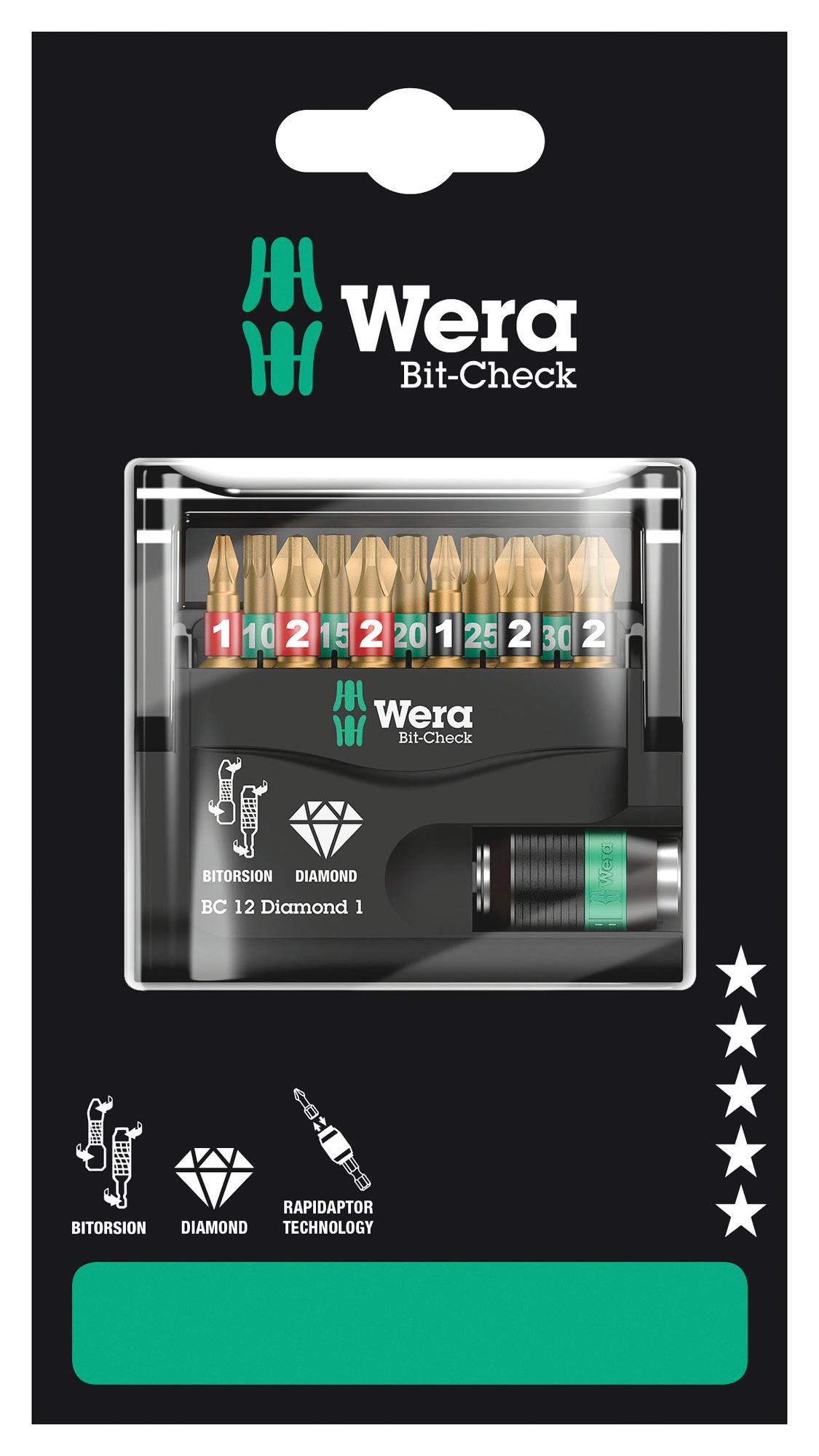 BIT-CHECK 12 DIAMOND 1 SB HEX BIT SET, 12PC WERA
