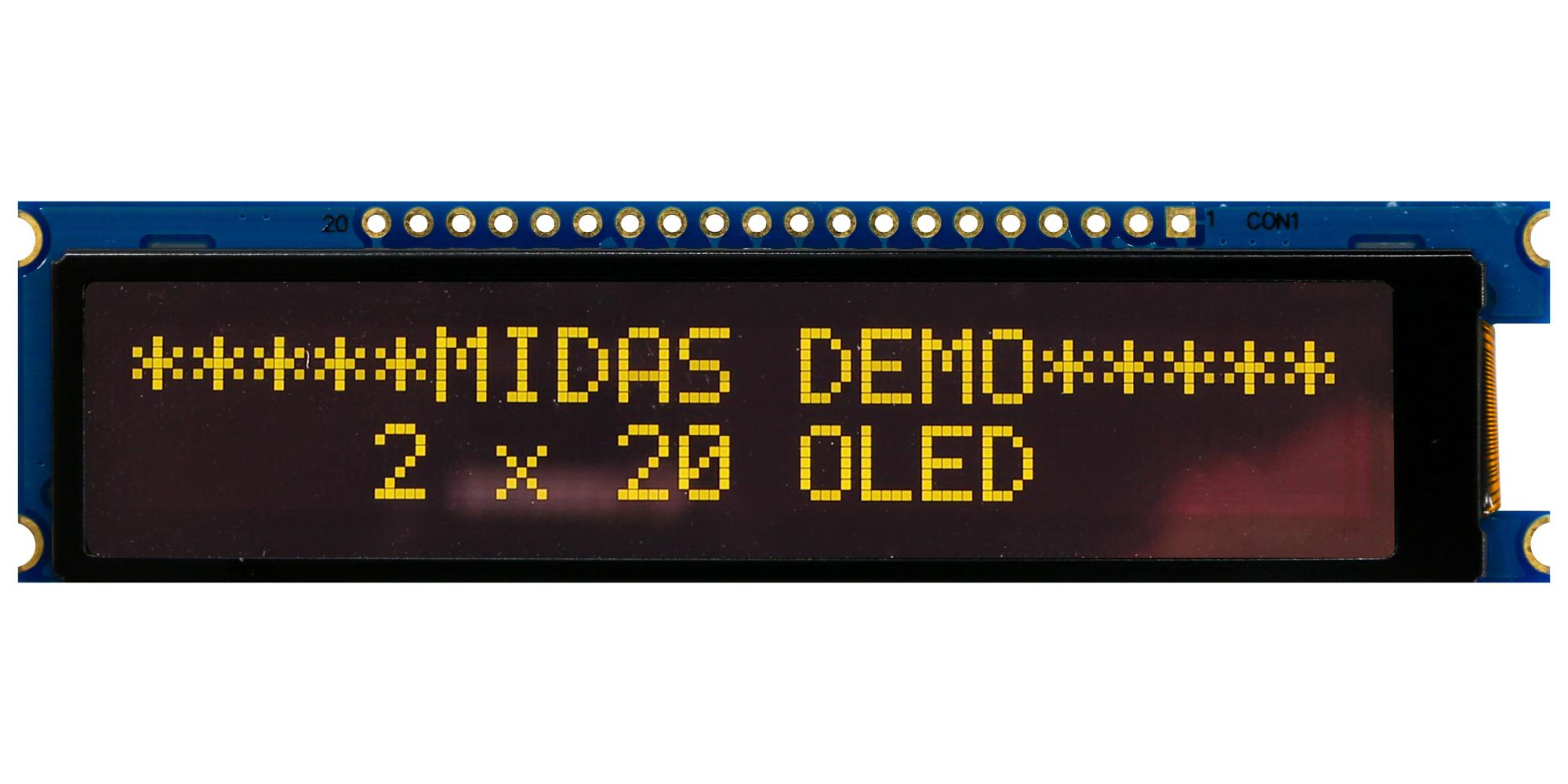 MDOB22005B1V-EYM OLED DISPLAY, 20 X 2, COB, MULTI, 3.3V MIDAS