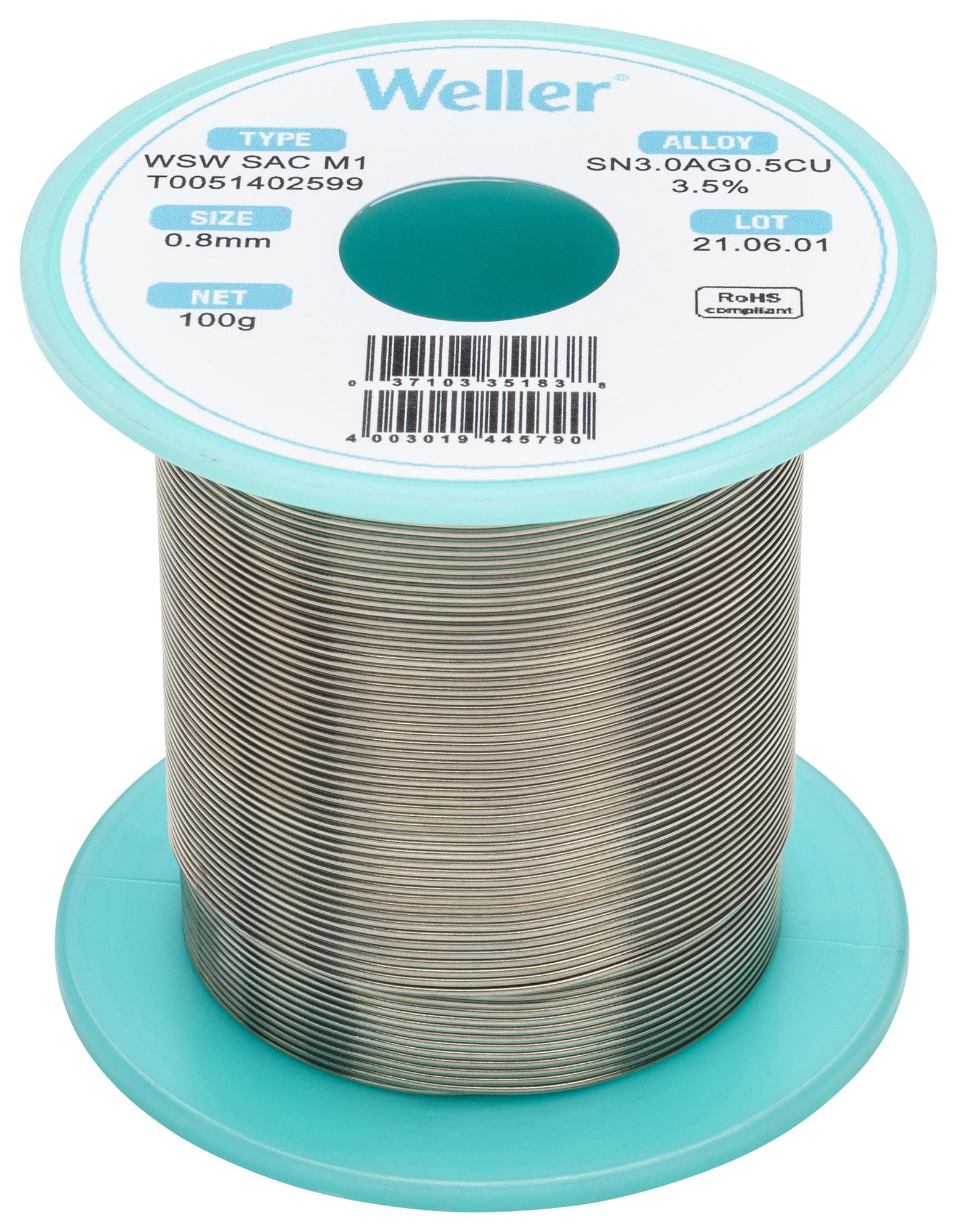 T0051402499 SOLDER WIRE, 96.5/3/0.5 SN/AG/CU, 100G WELLER