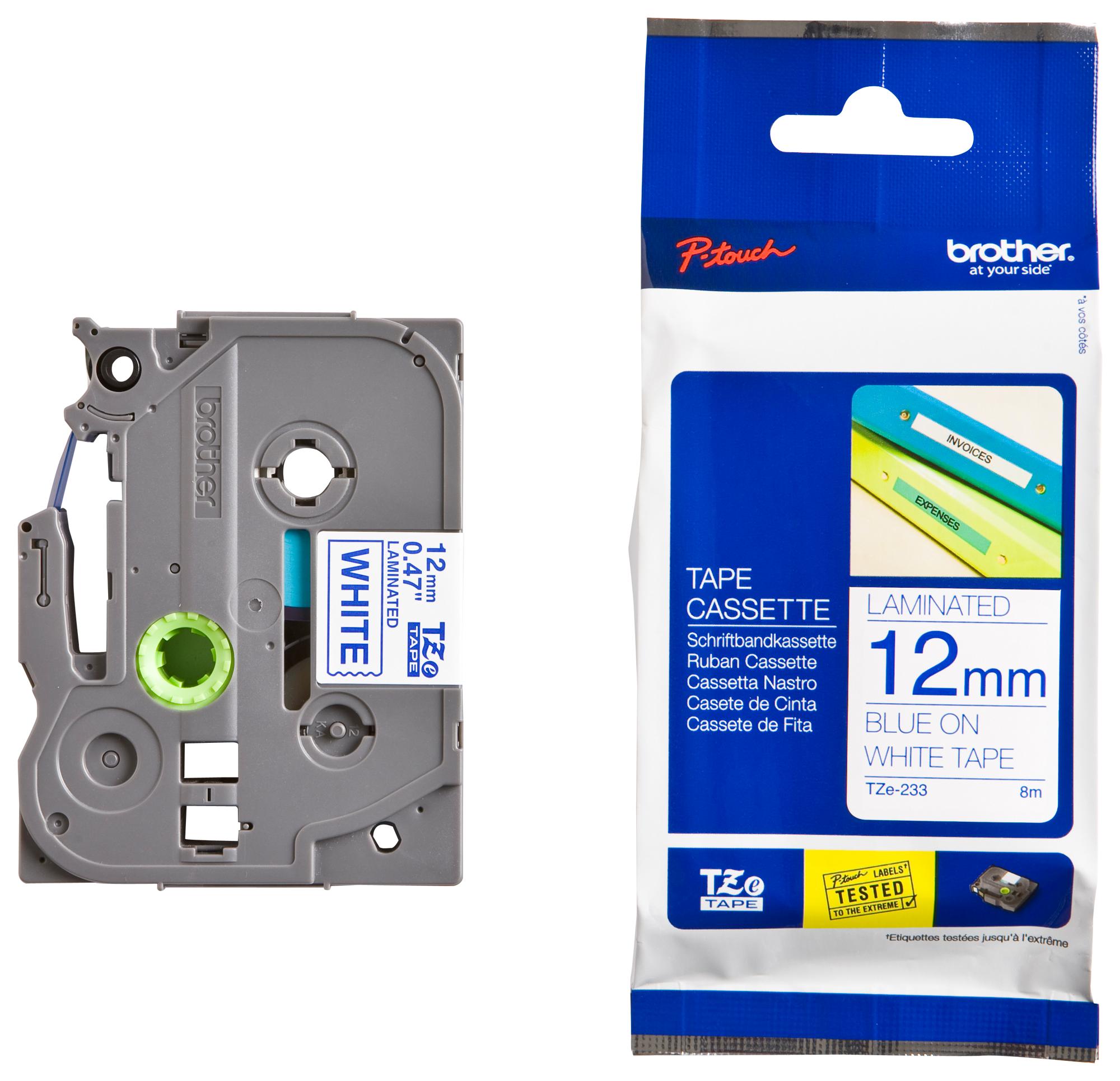 TZE-233 TAPE, BLUE ON WHITE, 12MM W, 8M L BROTHER