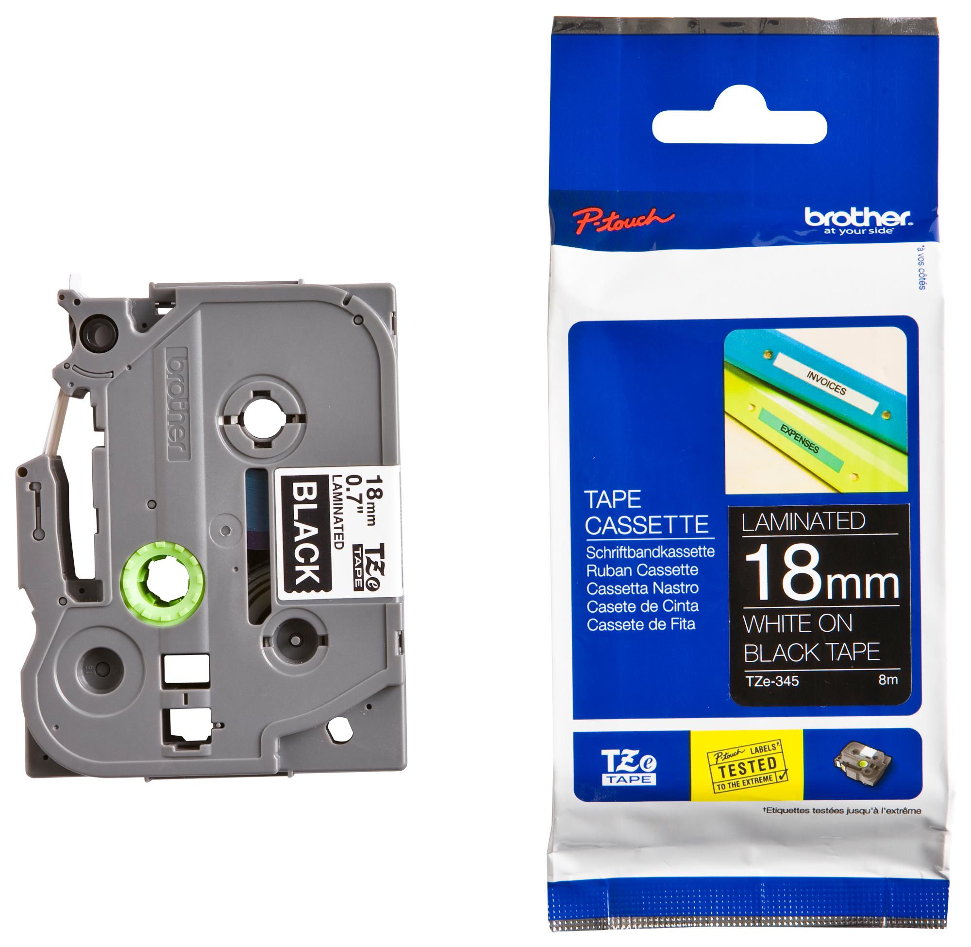 TZE-345 TAPE, WHITE ON BLACK, 18MM W, 8M L BROTHER