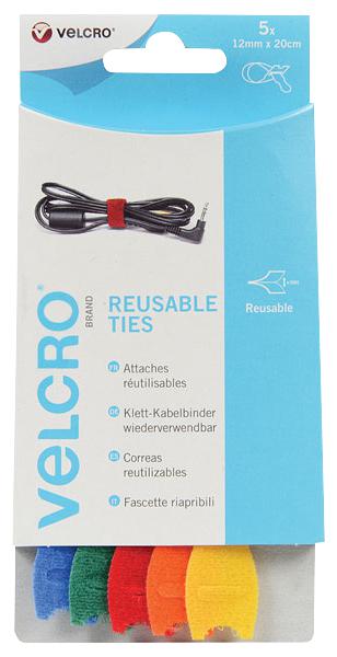 60250 ADJUSTABLE TIES, 12X200MM (5 COLOUR) 5PK VELCRO
