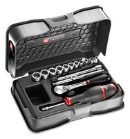 RL.161-2P6 - Socket Set, 11 x 1/4" Metric 6 Point 4 to 13mm R Sockets, Ratchet, Extension, Screwdriver Handle - FACOM