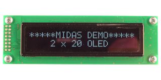 MCOB22005A1V-EWS - Alphanumeric OLED, 20 x 2, White on Black, 5V, SPI, English, Euro, Japanese, 5.55 mm - MIDAS