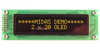 MCOB22005A1V-EYS - Alphanumeric OLED, 20 x 2, Yellow on Black, 5V, SPI, English, Euro, Japanese, 5.55 mm - MIDAS