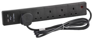 2068SU Blk Ext Lead 5 Gang With USB  Blk 2m Pro Elec
