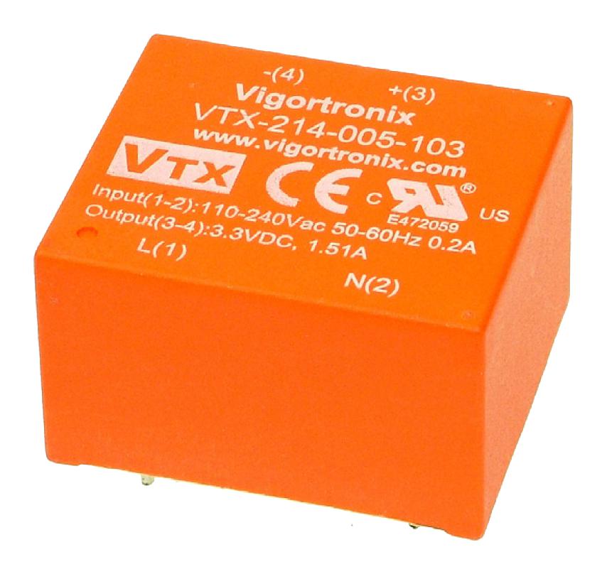 VIGORTRONIX PCB Mount - Single Ouput VTX-214-005-106 AC-DC CONV, FIXED, 1 O/P, 5W, 6V VIGORTRONIX 2401041 VTX-214-005-106