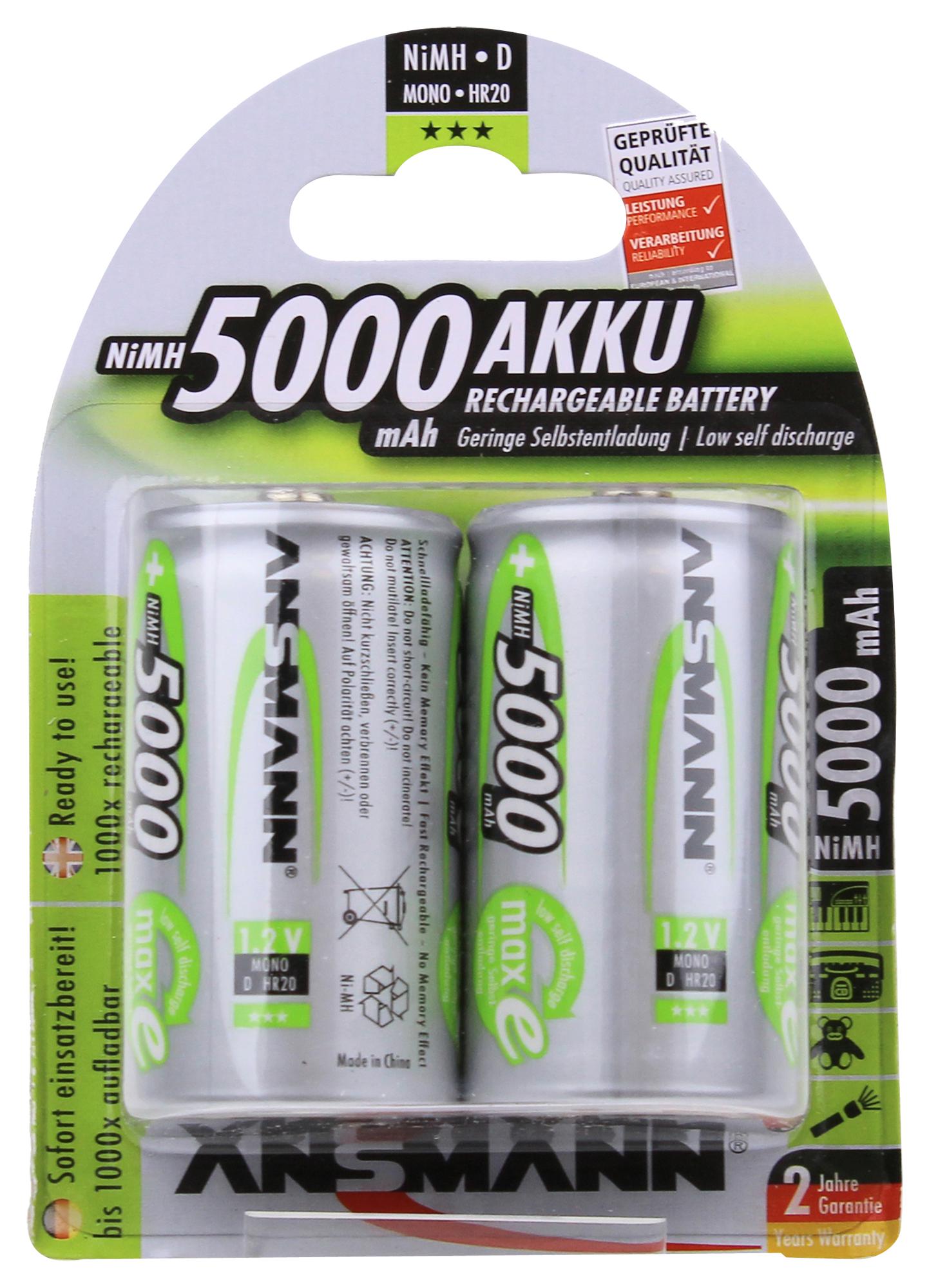 5030922 BATTERY,D,NI-MH,5AH,1.2V, PK2 ANSMANN