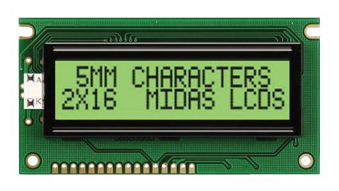 MC21605AB6W-GPTLY-V2 DISPLAY, ALPHANUMERIC, 16X2, YELLOW/GRN MIDAS