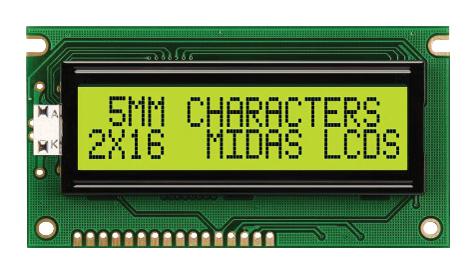 MC21605A6WD-SPTLY-V2 DISPLAY, ALPHANUMERIC, 16X2, YELLOW/GRN MIDAS