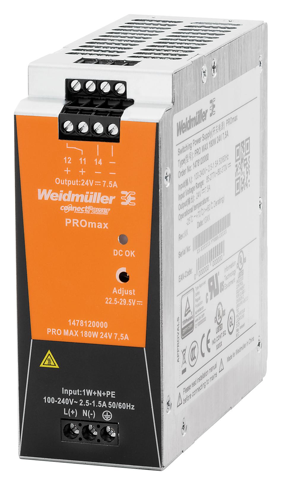 1478120000 POWER SUPPLY, AC-DC, 24V, 7.5A WEIDMULLER