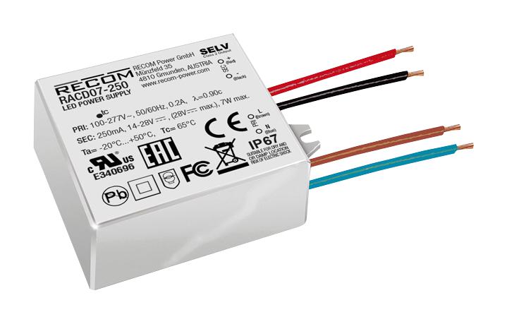 RACD07-250 LED DRIVER, SINGLE O/P, CC MODE, 7W RECOM POWER