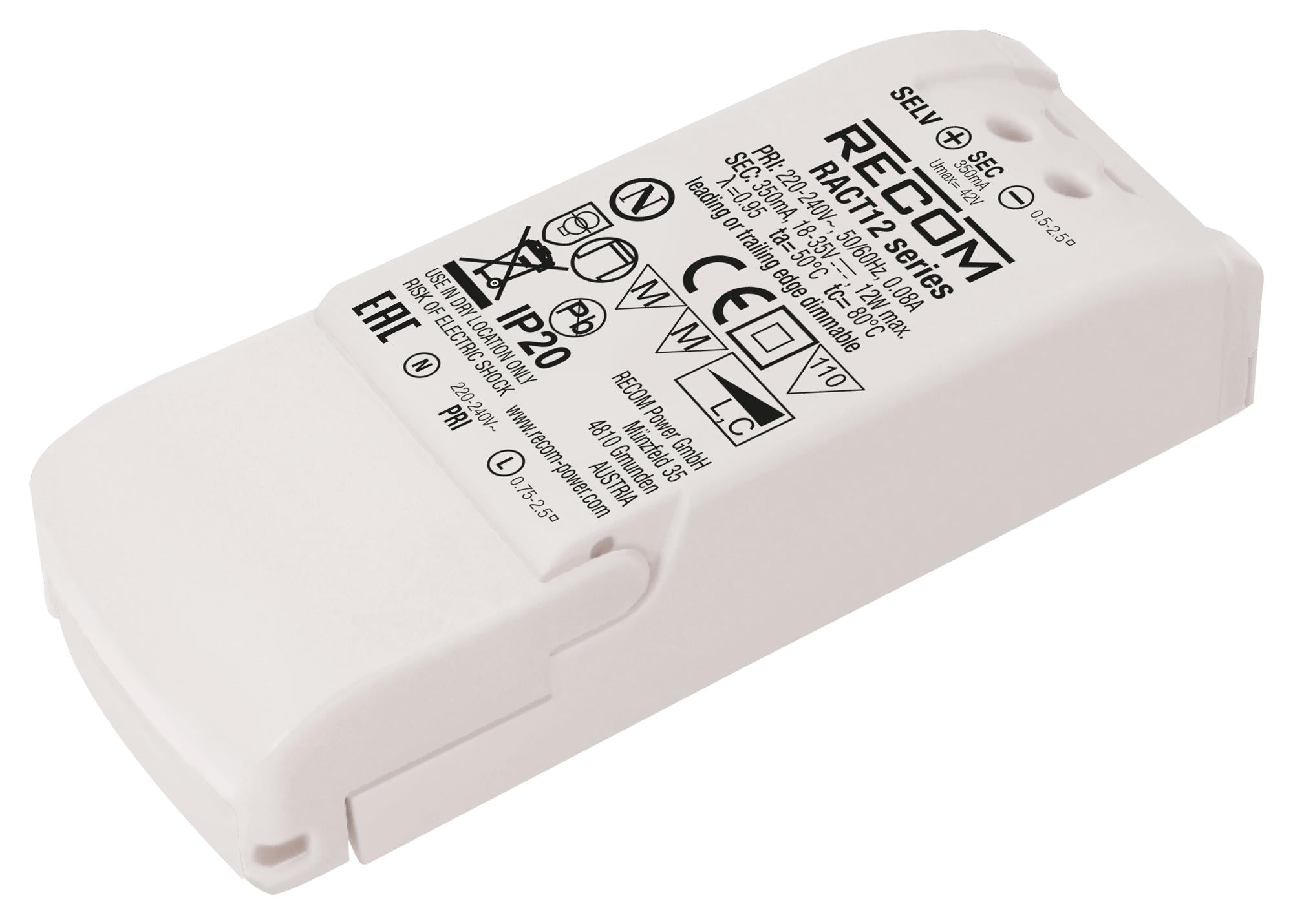 RACT12-350 LED DRIVER, SINGLE O/P, CC MODE, 12W RECOM POWER