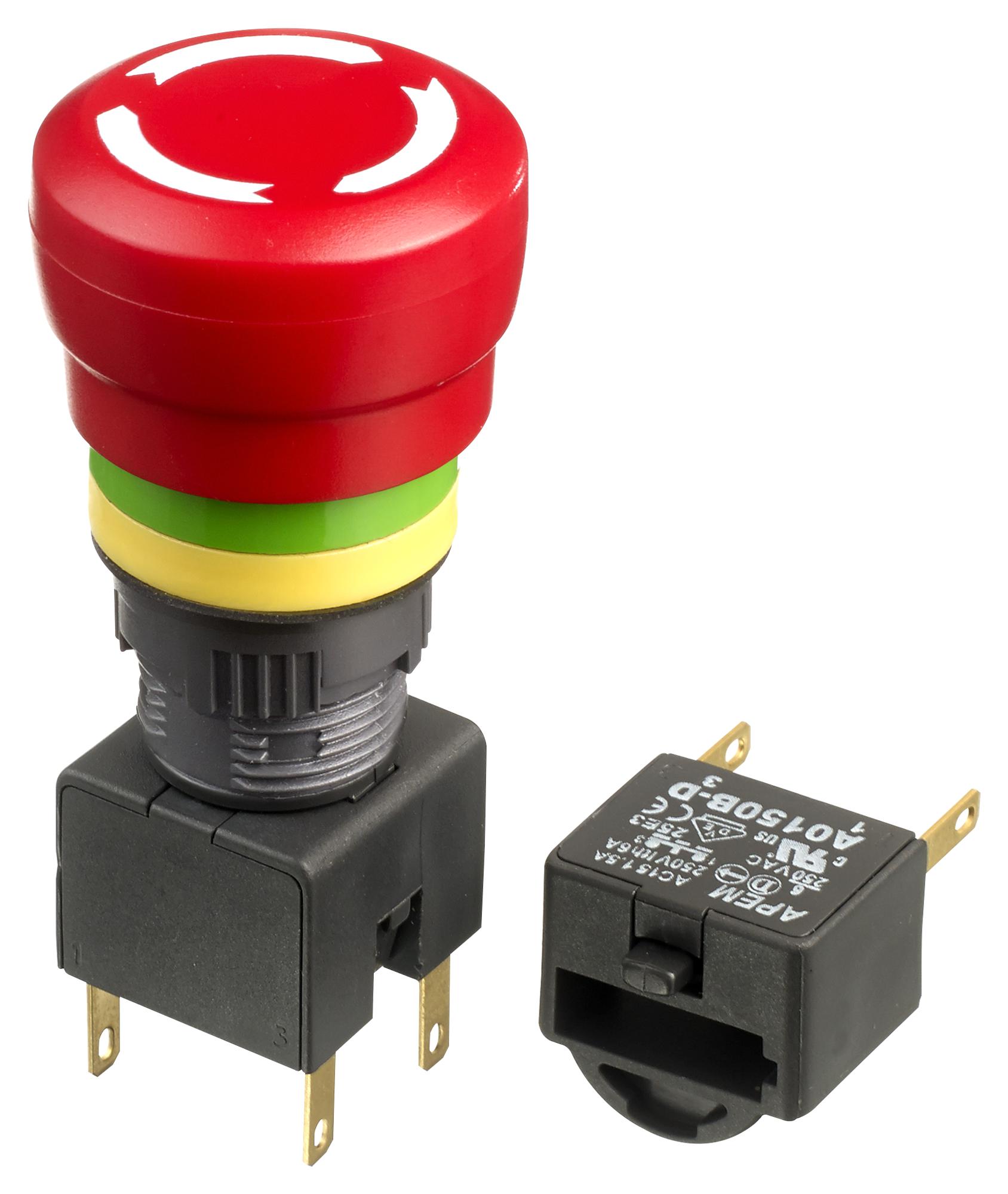 A01ES-DF2+A0154B-D+A01YL1 E-STOP SW, DPST-NC, 250V, QC/SOLDER APEM