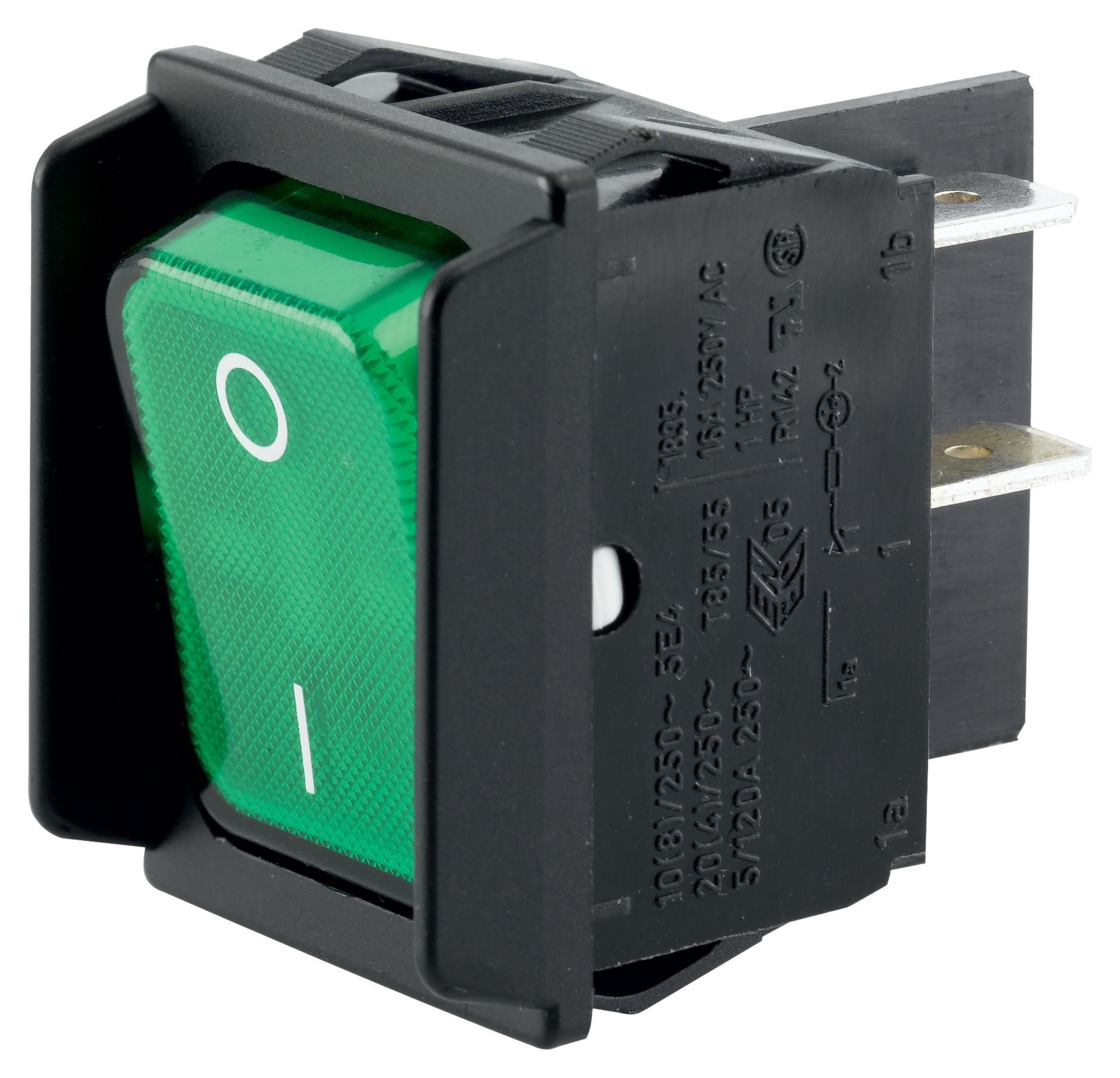 01835.3608-00 ROCKER SWITCH, DPST, 20A, 250VAC, GREEN MARQUARDT