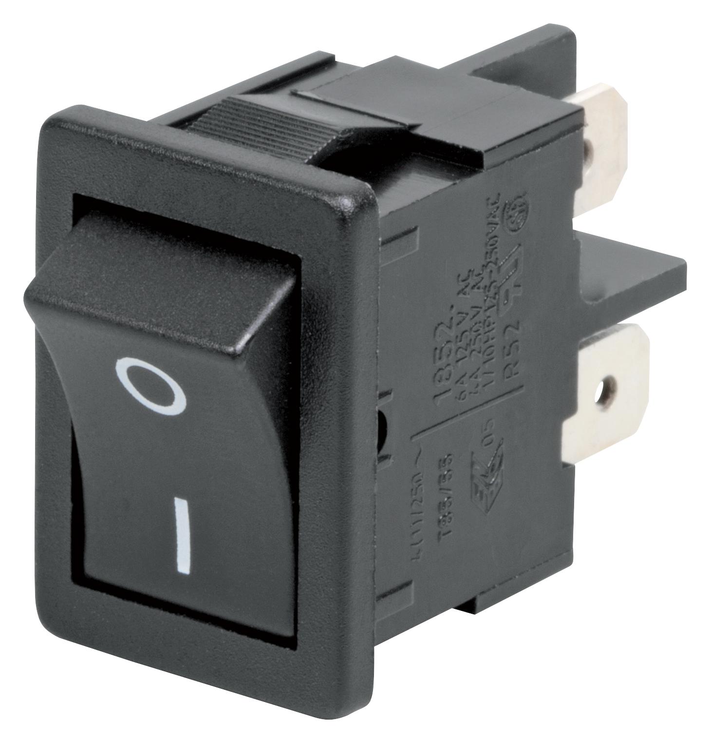 01852.1128-00 ROCKER SWITCH, DPST, 4A, 250VAC, BLACK MARQUARDT