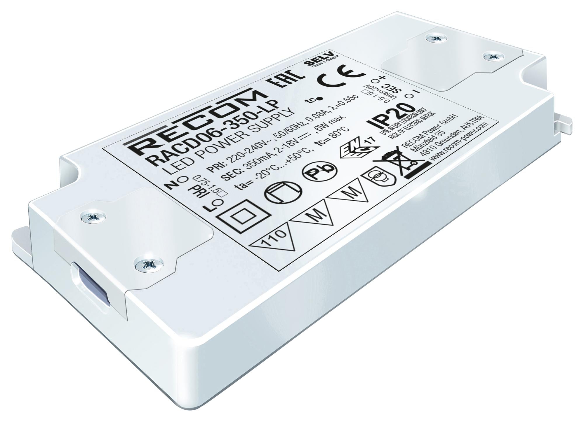 RACD06-500-LP LED DRIVER, SINGLE O/P, CC MODE, 6W RECOM POWER