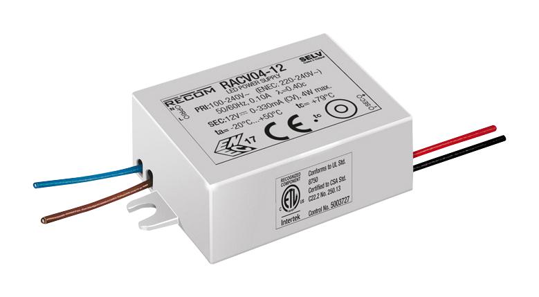 RACV04-24 LED DRIVER, SINGLE O/P, CV MODE, 4W RECOM POWER