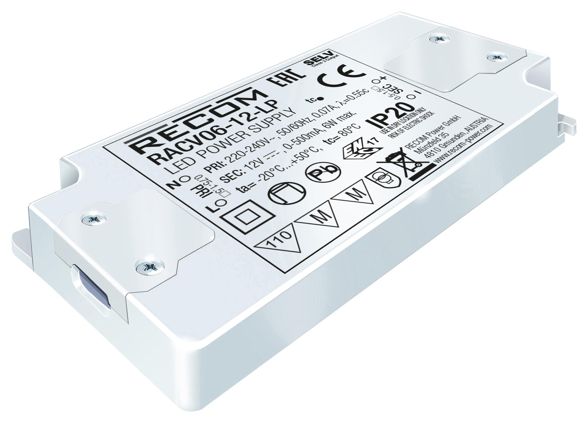 RACV06-24-LP LED DRIVER, SINGLE O/P, CV MODE, 6W RECOM POWER