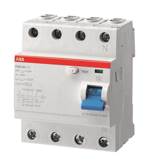F204F-63/0.03 RCCB, 4P, 63A, 400VAC, DIN RAIL ABB