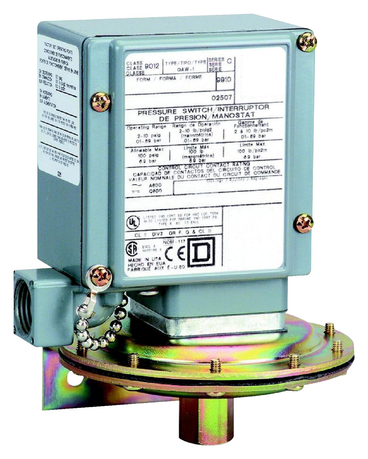 9012GAW1 PRESSURE SWITCH, SPDT, 10PSI, 125V SCHNEIDER ELECTRIC