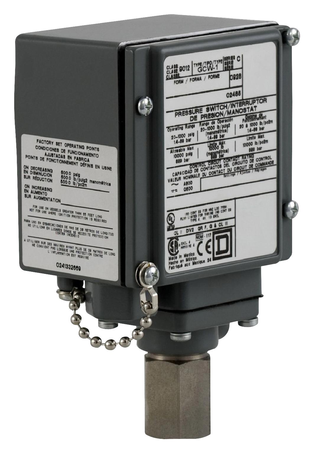 9012GFW1 PRESSURE SWITCH, SPDT-DB, 1000PSI, PANEL TELEMECANIQUE SENSORS