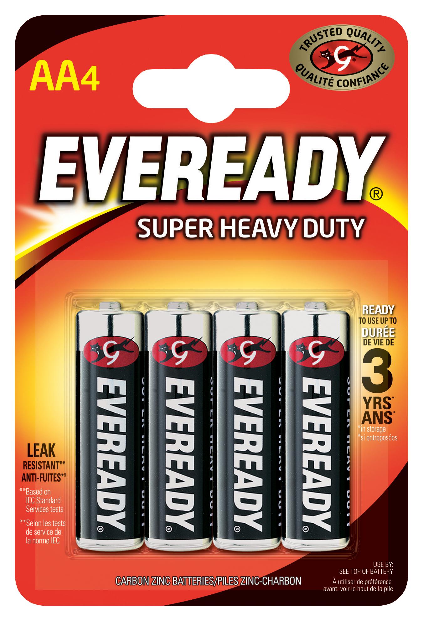 E300781900 BATTERY, ZINC CHLORIDE, 1.5V, AA, PK4 EVER READY