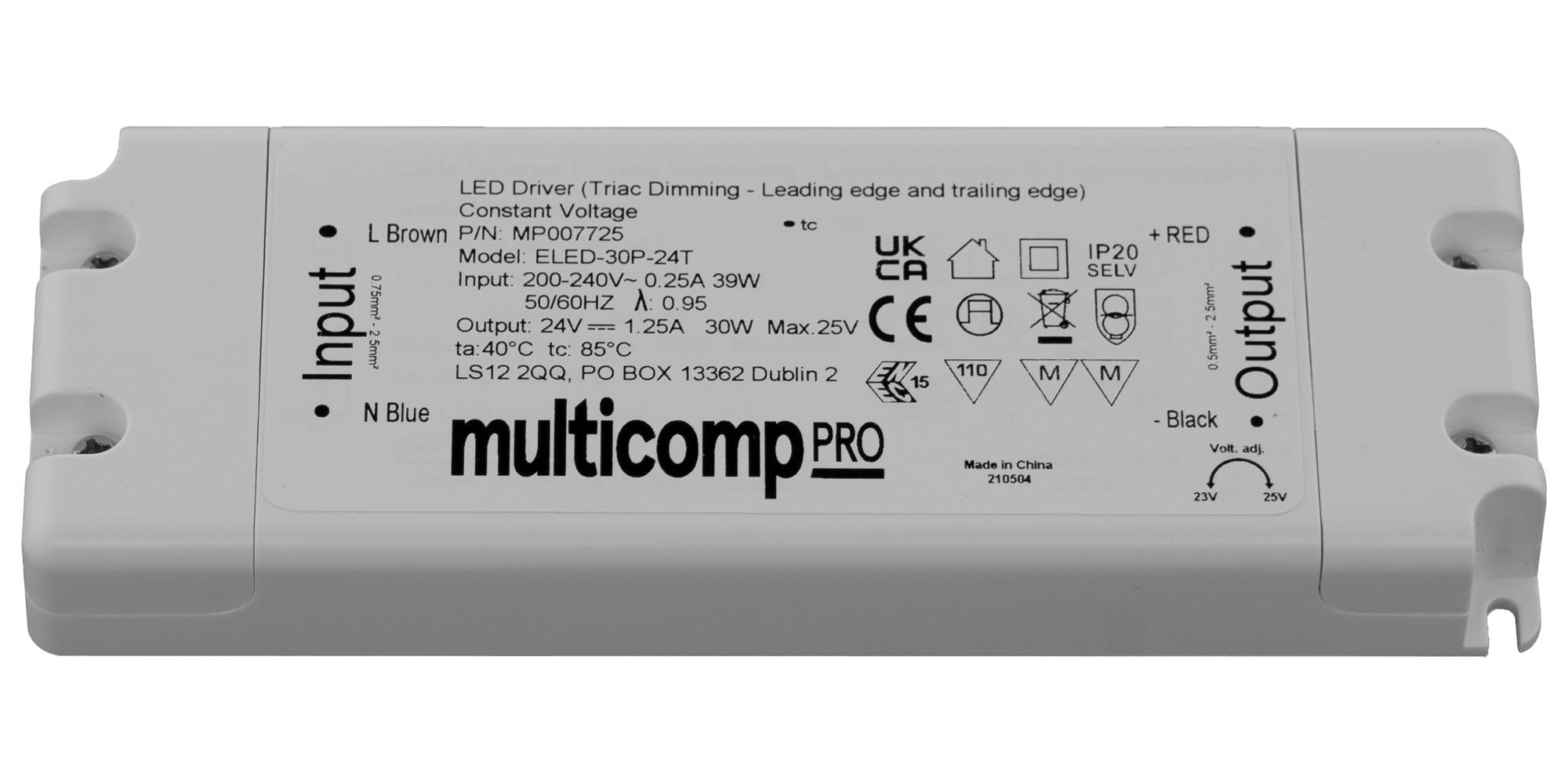 MP007725 LED DRIVER, CONSTANT VOLTAGE, 30W MULTICOMP PRO