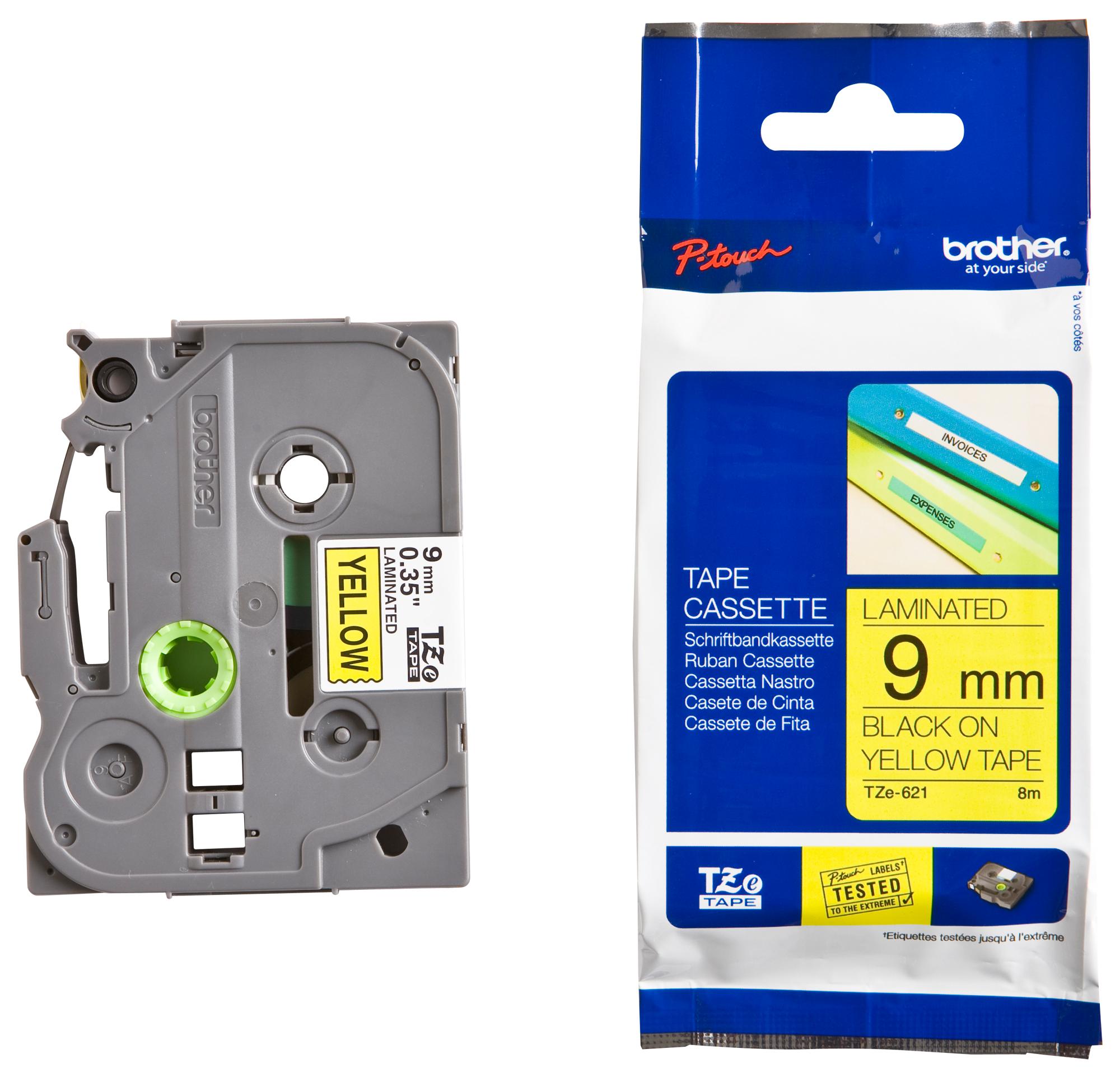 TZE-621 TAPE, BLACK ON YELLOW, 9MM W, 8M L BROTHER