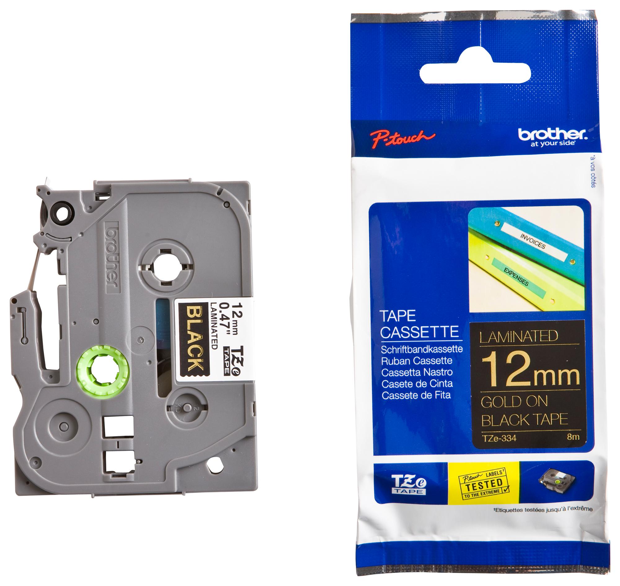 TZE-334 TAPE, GOLD ON BLACK, 12MM W, 8M L BROTHER