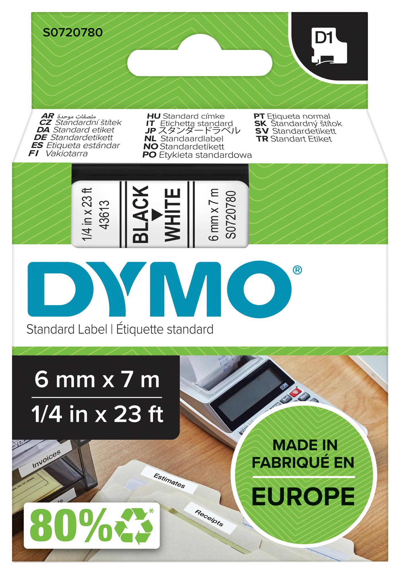 43613 TAPE, BLACK/WHITE, 6MM DYMO