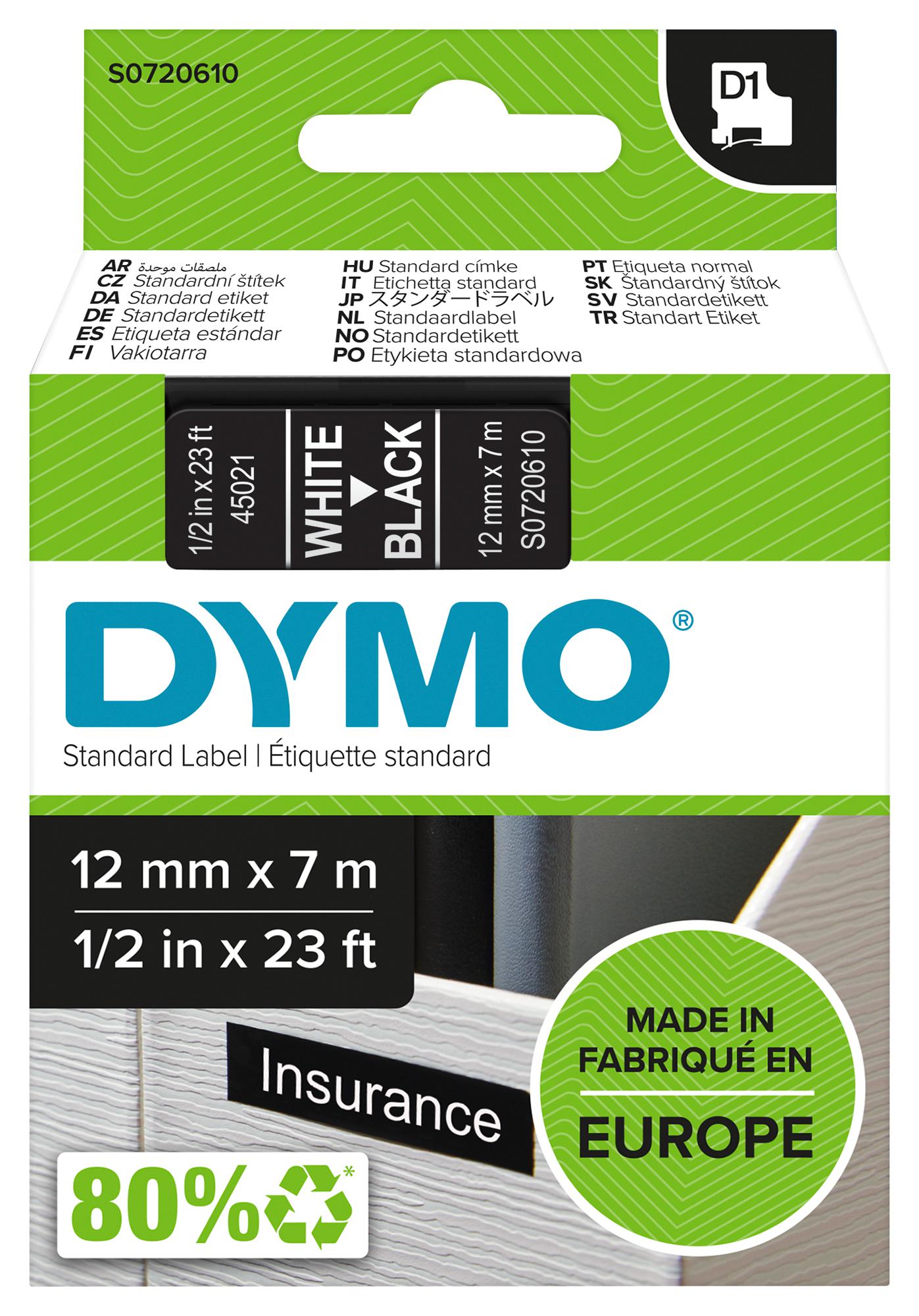 45021 TAPE, WHITE/BLACK, 12MM DYMO