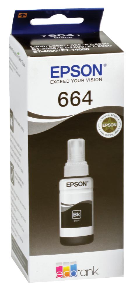 C13T664140 INK CART, T6641 ECOTANK REFILL, BLACK EPSON