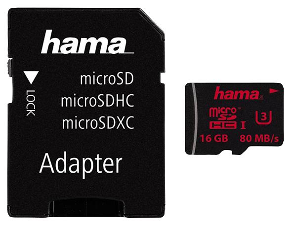00123980 MEMORY, MICROSDHC 16GB UHS-I C3, 80MB/S HAMA