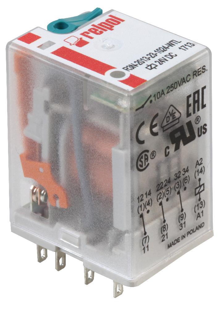 R3N-2013-23-1024-WTL 11-PIN INDUSTRIAL RELAY, 10A, 3PCO 24VDC RELPOL