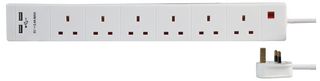 PEL00121 Extension 6 Gang 2 USB, White 2m Pro Elec